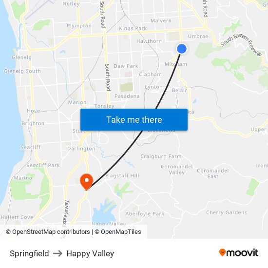 Springfield to Happy Valley map