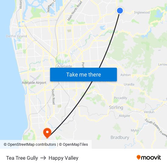 Tea Tree Gully to Happy Valley map