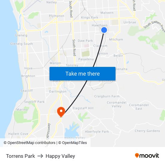 Torrens Park to Happy Valley map