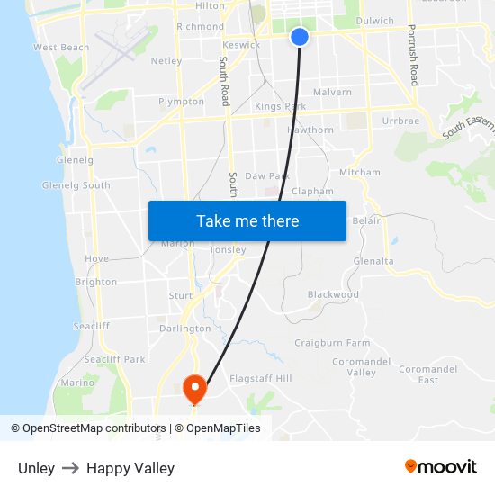 Unley to Happy Valley map