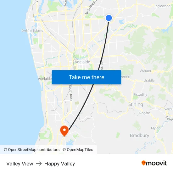Valley View to Happy Valley map