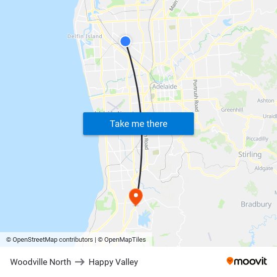 Woodville North to Happy Valley map