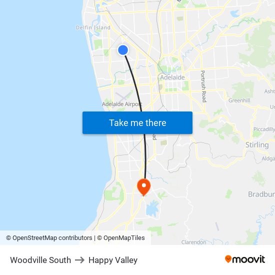 Woodville South to Happy Valley map