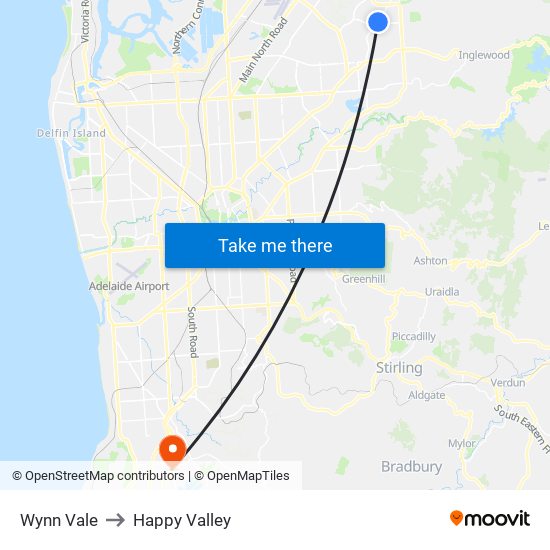 Wynn Vale to Happy Valley map