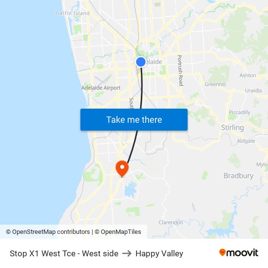 Stop X1 West Tce - West side to Happy Valley map