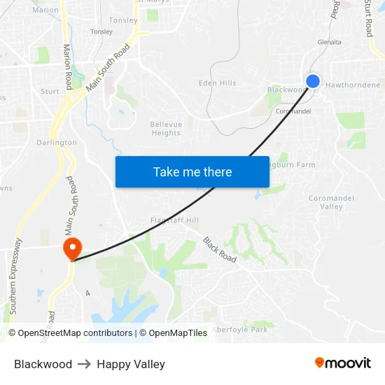 Blackwood to Happy Valley map