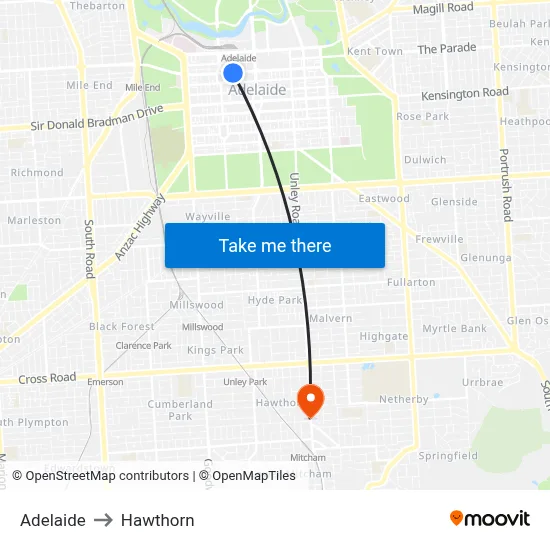 Adelaide to Hawthorn map