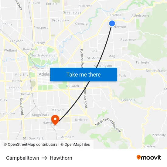 Campbelltown to Hawthorn map