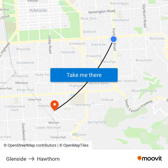 Glenside to Hawthorn map