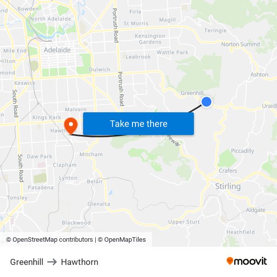 Greenhill to Hawthorn map