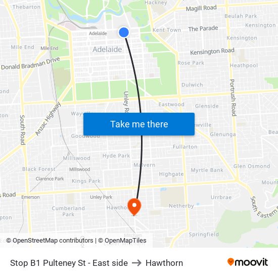 Stop B1 Pulteney St - East side to Hawthorn map