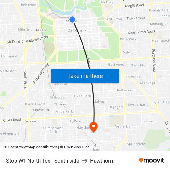 Stop W1 North Tce - South side to Hawthorn map