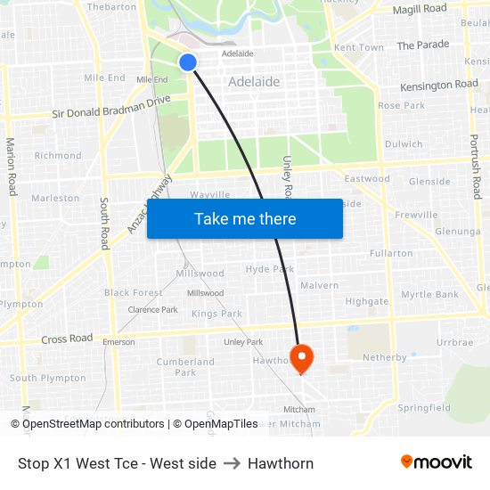 Stop X1 West Tce - West side to Hawthorn map