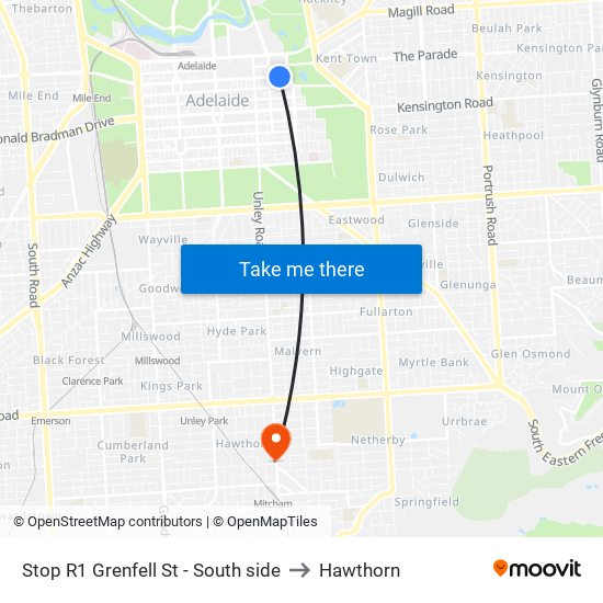 Stop R1 Grenfell St - South side to Hawthorn map