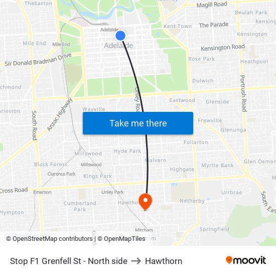 Stop F1 Grenfell St - North side to Hawthorn map