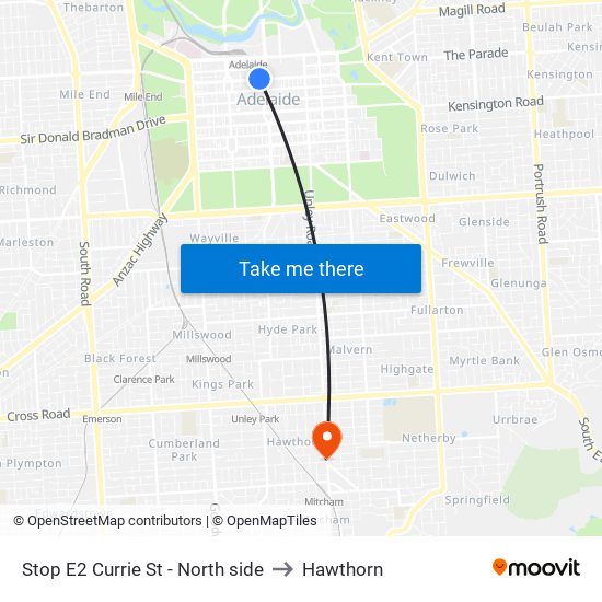 Stop E2 Currie St - North side to Hawthorn map