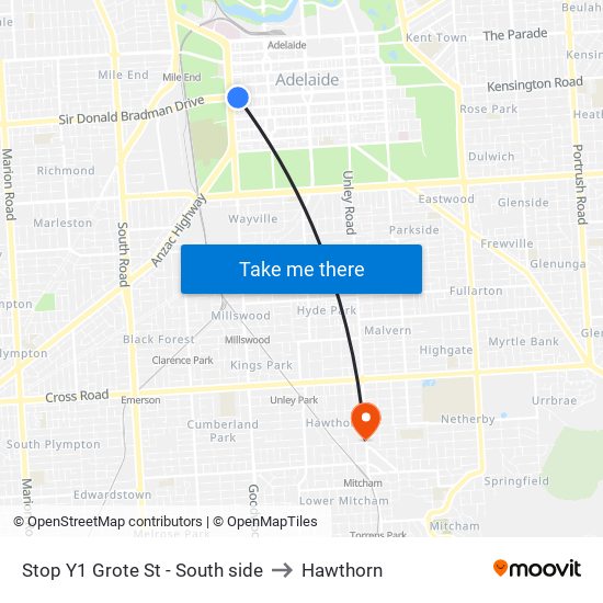 Stop Y1 Grote St - South side to Hawthorn map