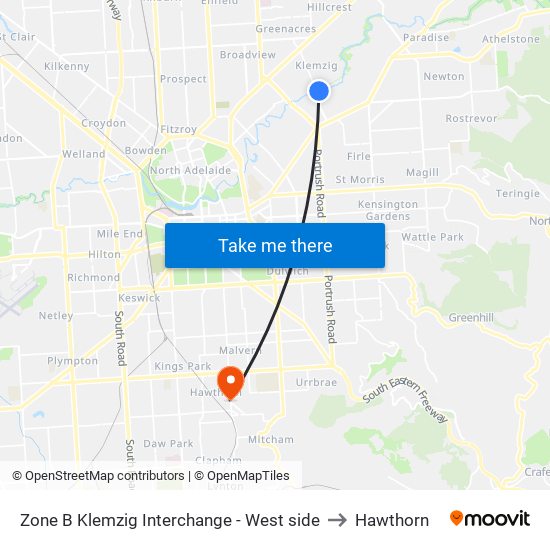 Zone B Klemzig Interchange - West side to Hawthorn map