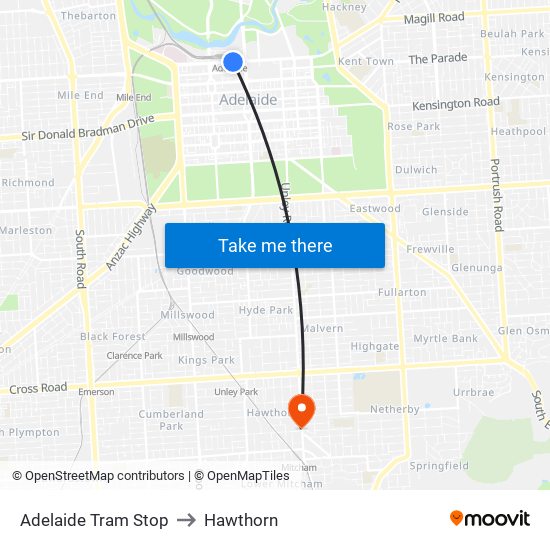 Adelaide Tram Stop to Hawthorn map