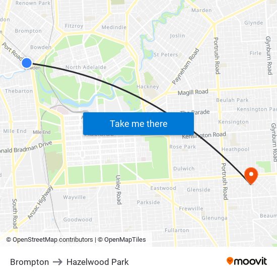 Brompton to Hazelwood Park map