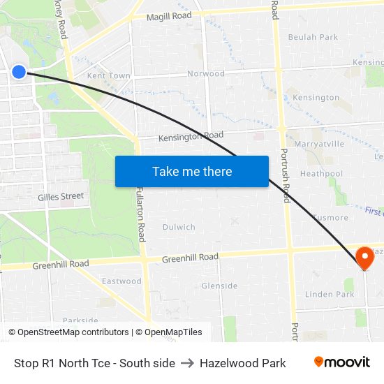 Stop R1 North Tce - South side to Hazelwood Park map