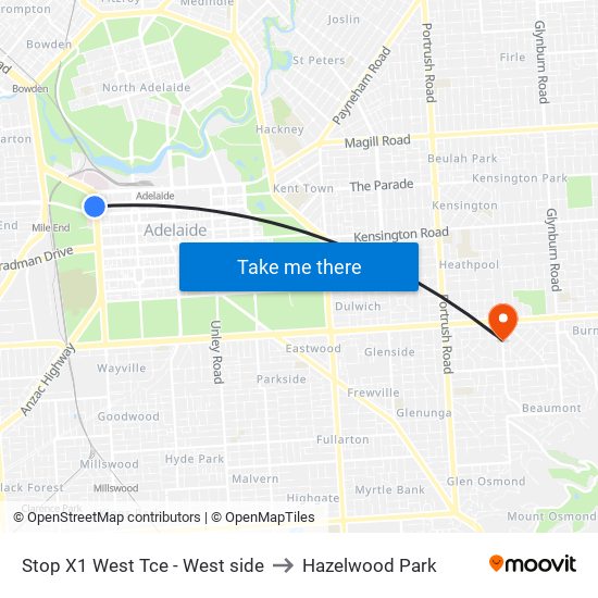 Stop X1 West Tce - West side to Hazelwood Park map