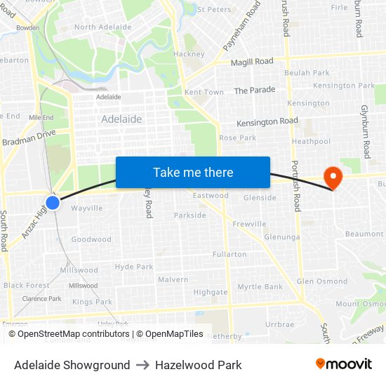 Adelaide Showground to Hazelwood Park map