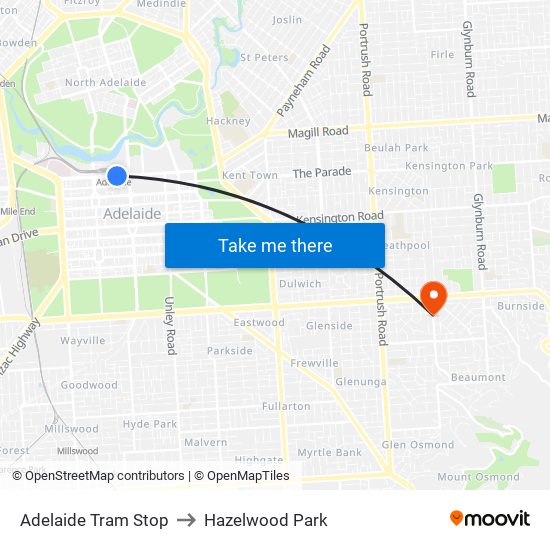 Adelaide Tram Stop to Hazelwood Park map