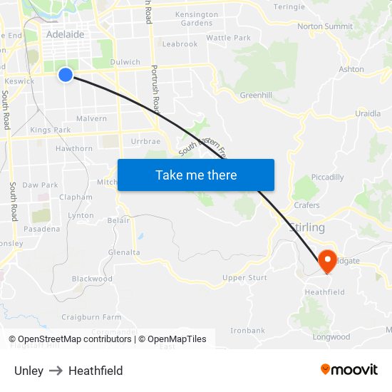 Unley to Heathfield map