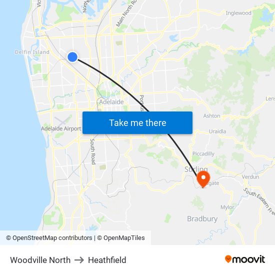 Woodville North to Heathfield map