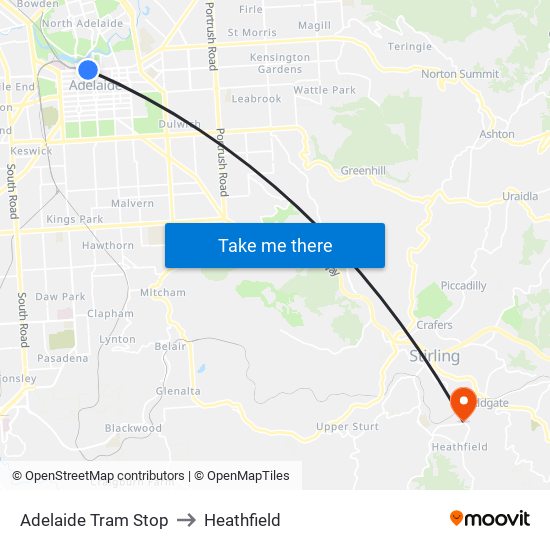 Adelaide Tram Stop to Heathfield map