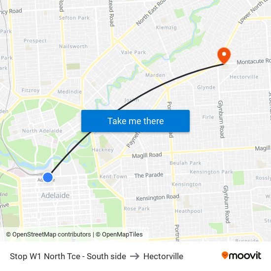 Stop W1 North Tce - South side to Hectorville map