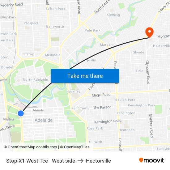 Stop X1 West Tce - West side to Hectorville map