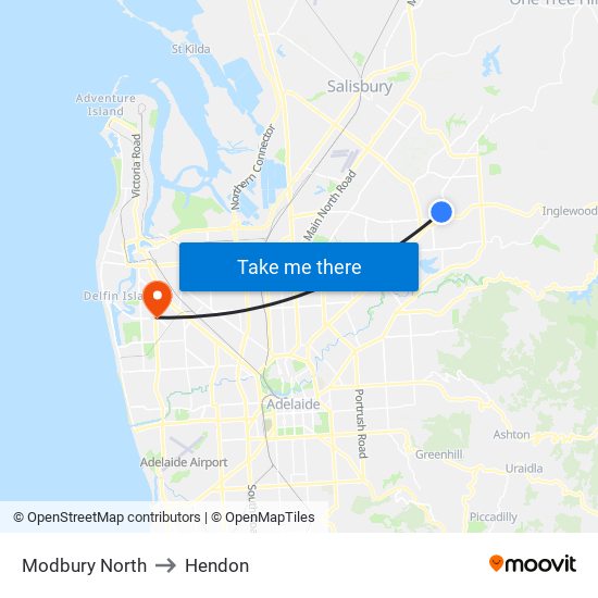 Modbury North to Hendon map