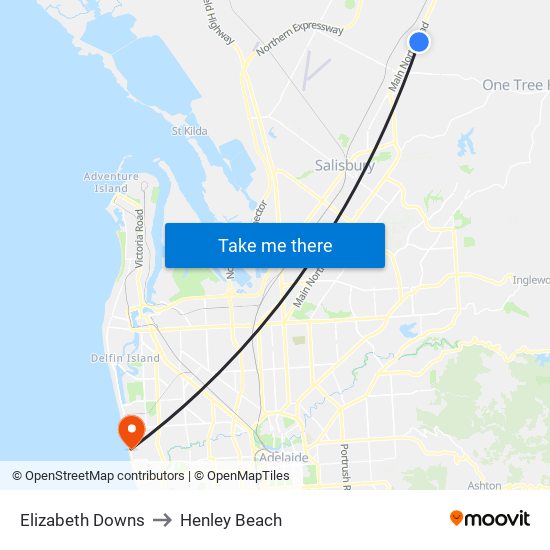 Elizabeth Downs to Henley Beach map