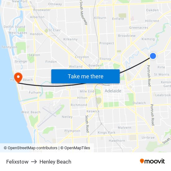 Felixstow to Henley Beach map