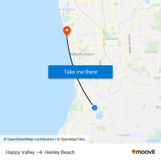 Happy Valley to Henley Beach map