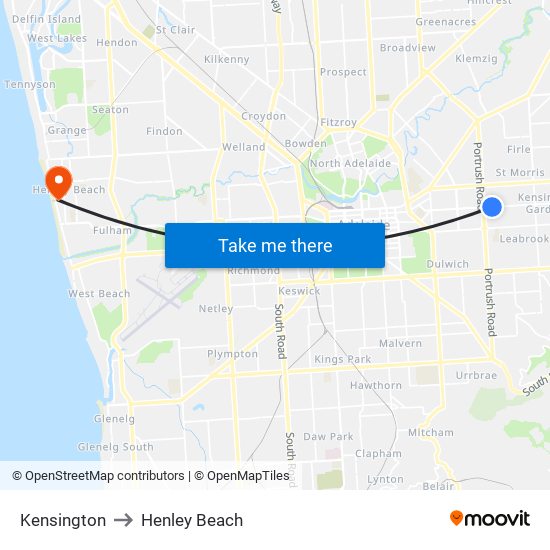 Kensington to Henley Beach map