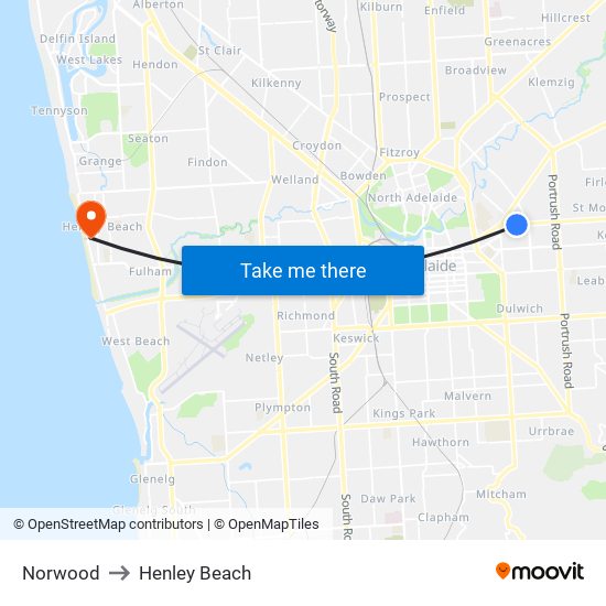 Norwood to Henley Beach map