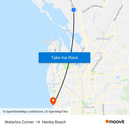 Waterloo Corner to Henley Beach map