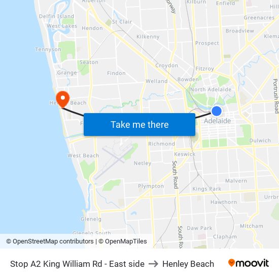 Stop A2 King William Rd - East side to Henley Beach map