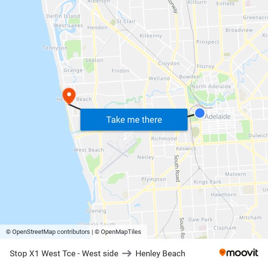 Stop X1 West Tce - West side to Henley Beach map