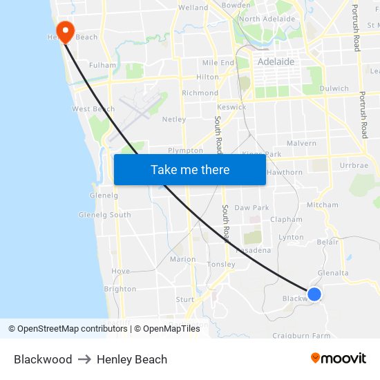 Blackwood to Henley Beach map