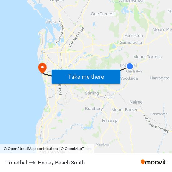 Lobethal to Henley Beach South map