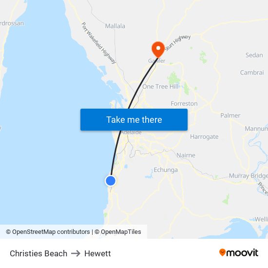 Christies Beach to Hewett map