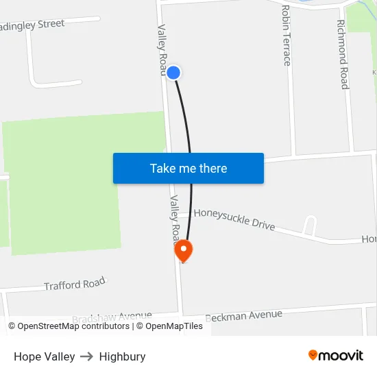 Hope Valley to Highbury map