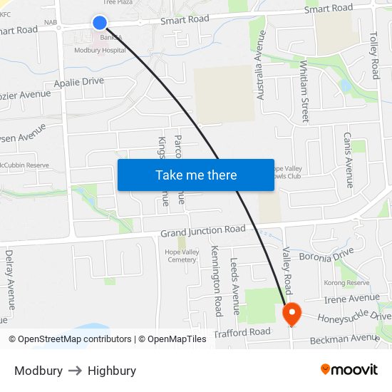 Modbury to Highbury map