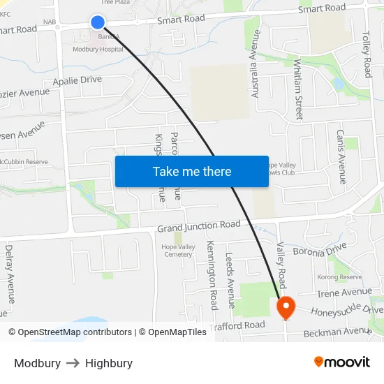 Modbury to Highbury map