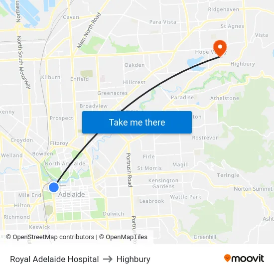 Royal Adelaide Hospital to Highbury map