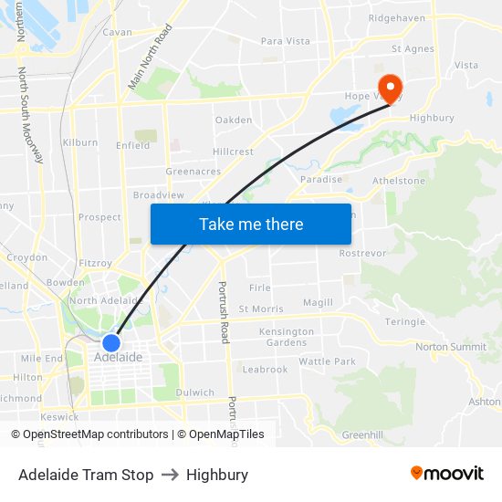 Adelaide Tram Stop to Highbury map